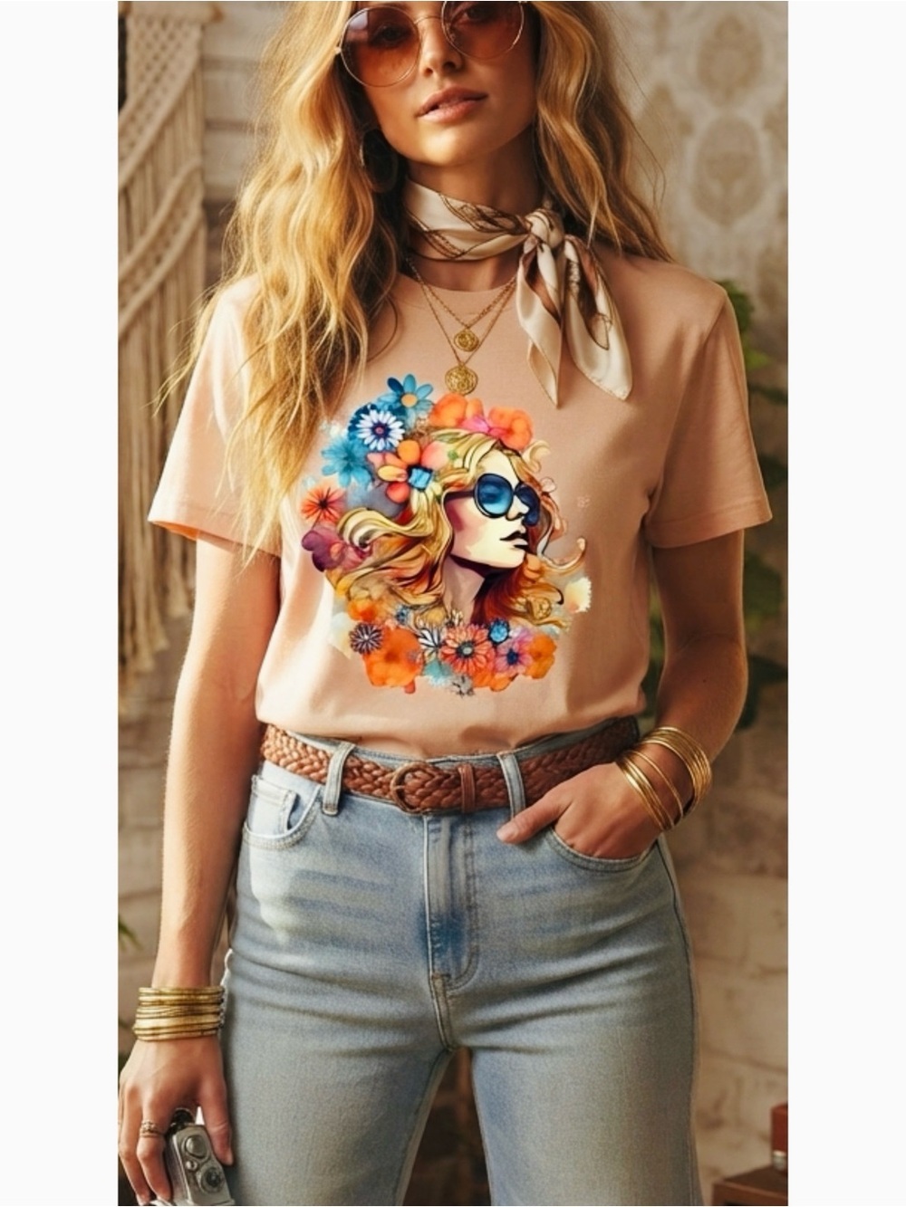 Boho Vintage 70s Style Lady in Flowers Graphic Tee Shirt Beige Pink Womens Small